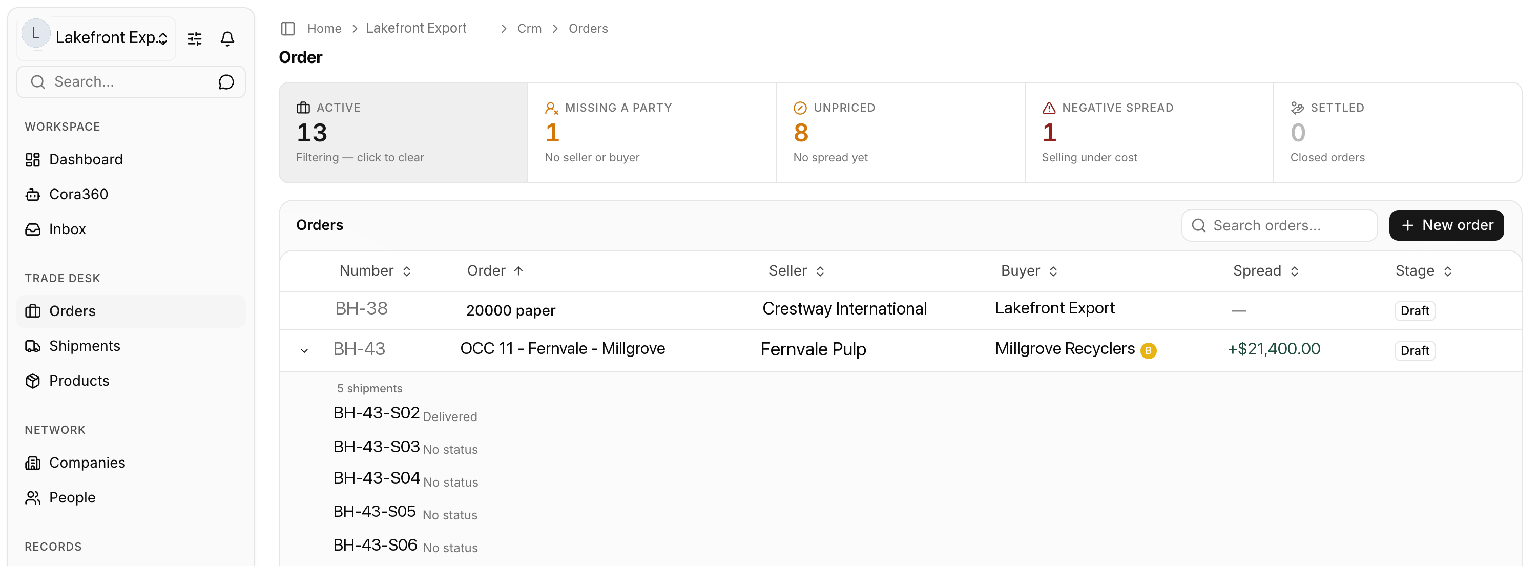 Orders list with thirteen orders; two are expanded to show five trucks each.